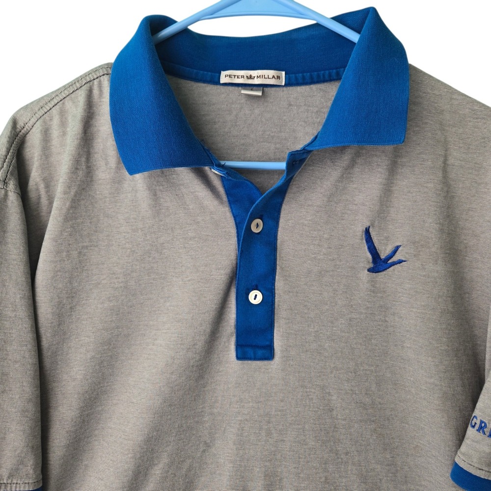 Peter Millar Mens Grey Goose‎ Polo Shirt Large Grey Blue Stripe Cotton Golf L